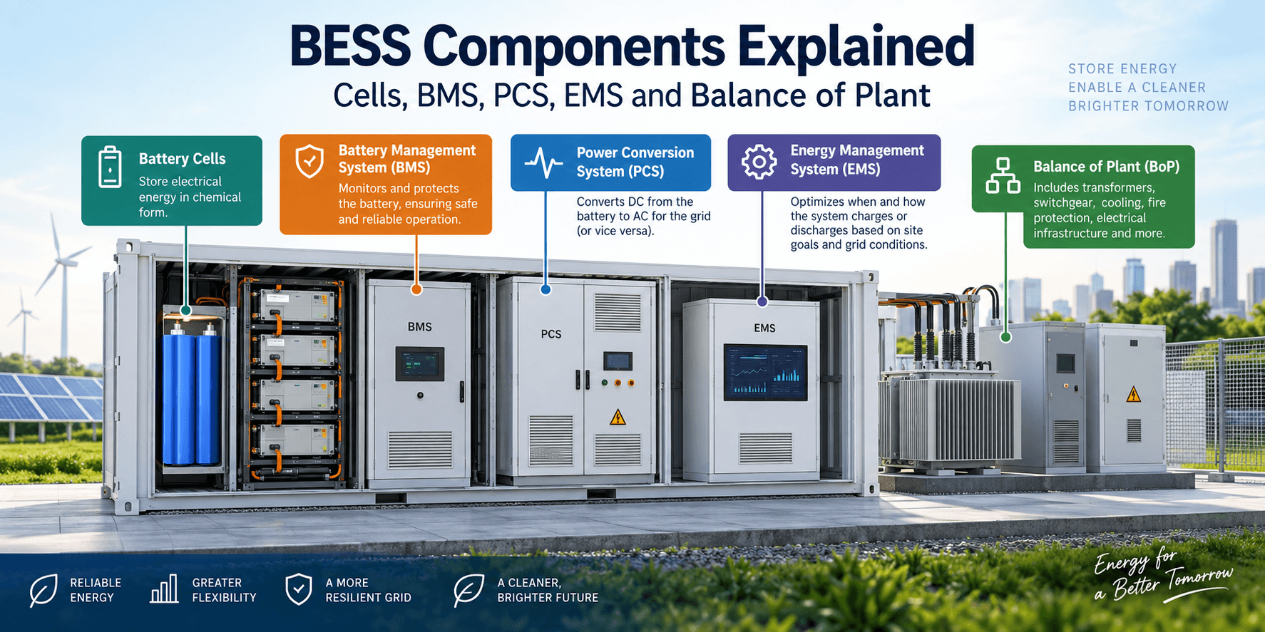 BESS Components Explained: Cells, BMS, PCS, EMS and Balance of Plant